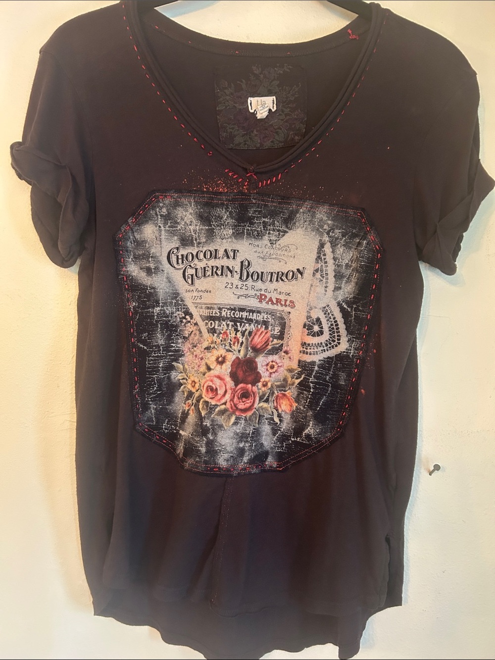 Upcycled T.la floral French Paris patched t shirt with hand embroidery